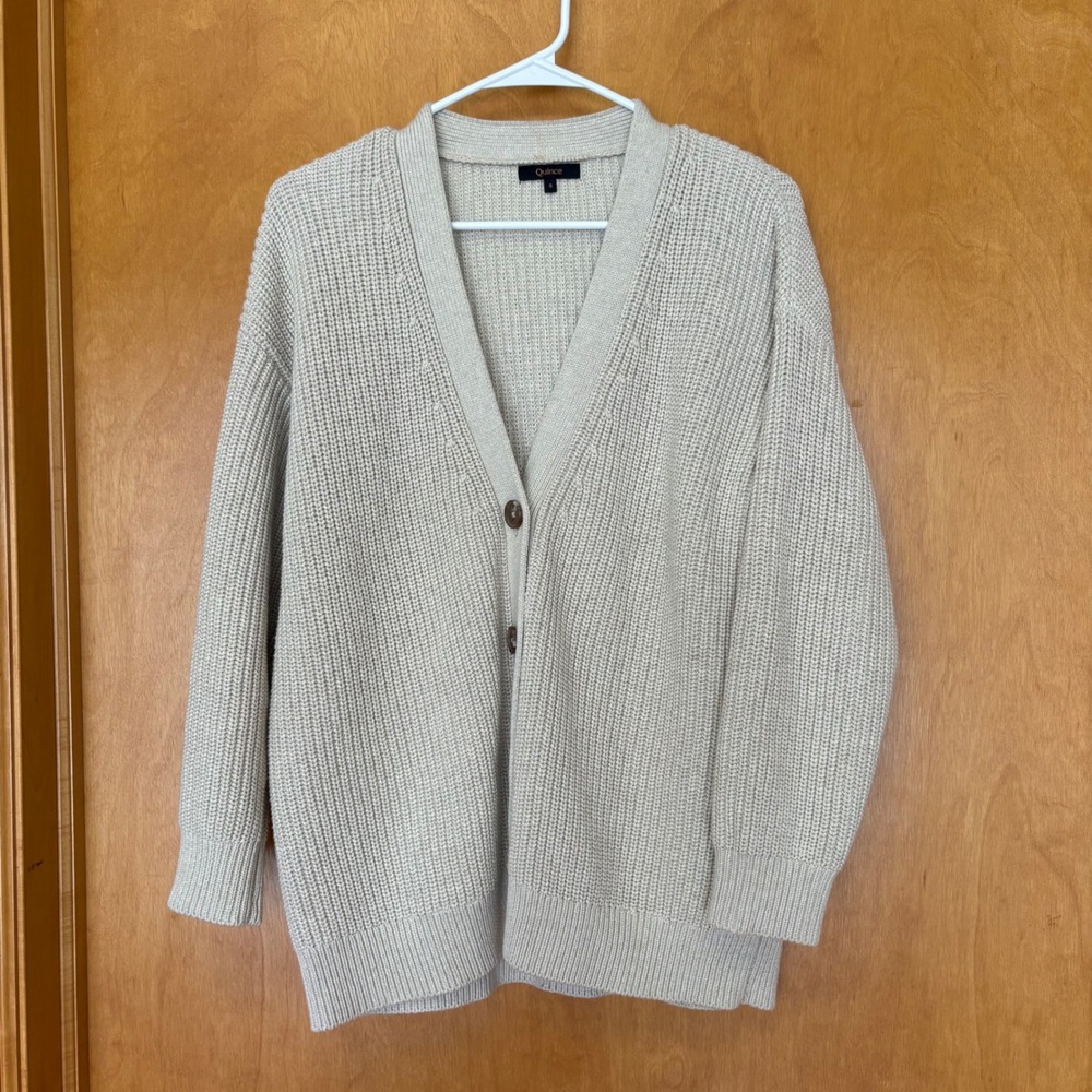 Quince 100% Organic Cotton Oversized Boyfriend Cardigan Speckled Beige Small
